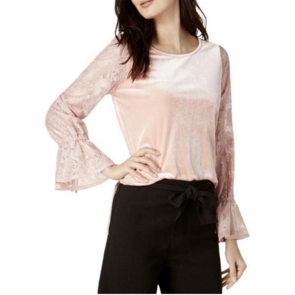 Kensie Light Pink Velvet Lace Sleeve Blouse Top M
